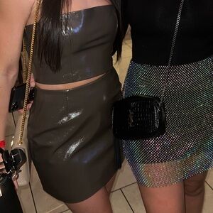 Brown Faux Leather Skirt Set open edit